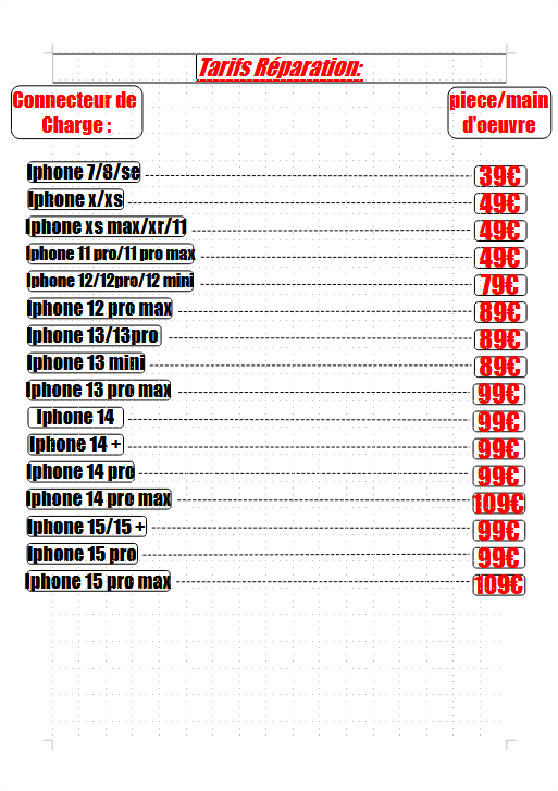 Tableau de tarifs de réparation